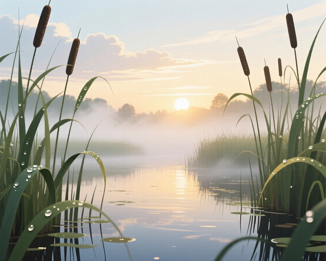 A serene wetland at dawn filled with reeds and mist, with soft rays of sunlight breaking through the clouds, balanced using the rule of thirds for natural harmony, with a fresh, crisp clarity that highlights every detail.