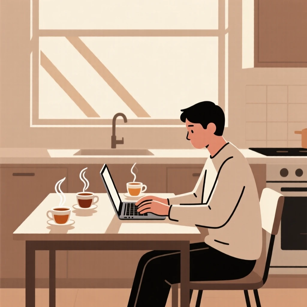 A traveler working at a desk in a sunlit kitchen, surrounded by steaming cups of tea, conveying nostalgic comfort.
