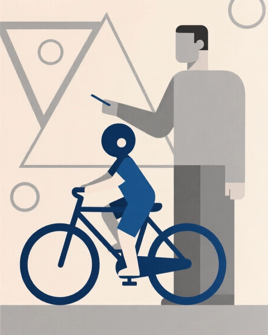 A man teaching a child to ride a bicycle