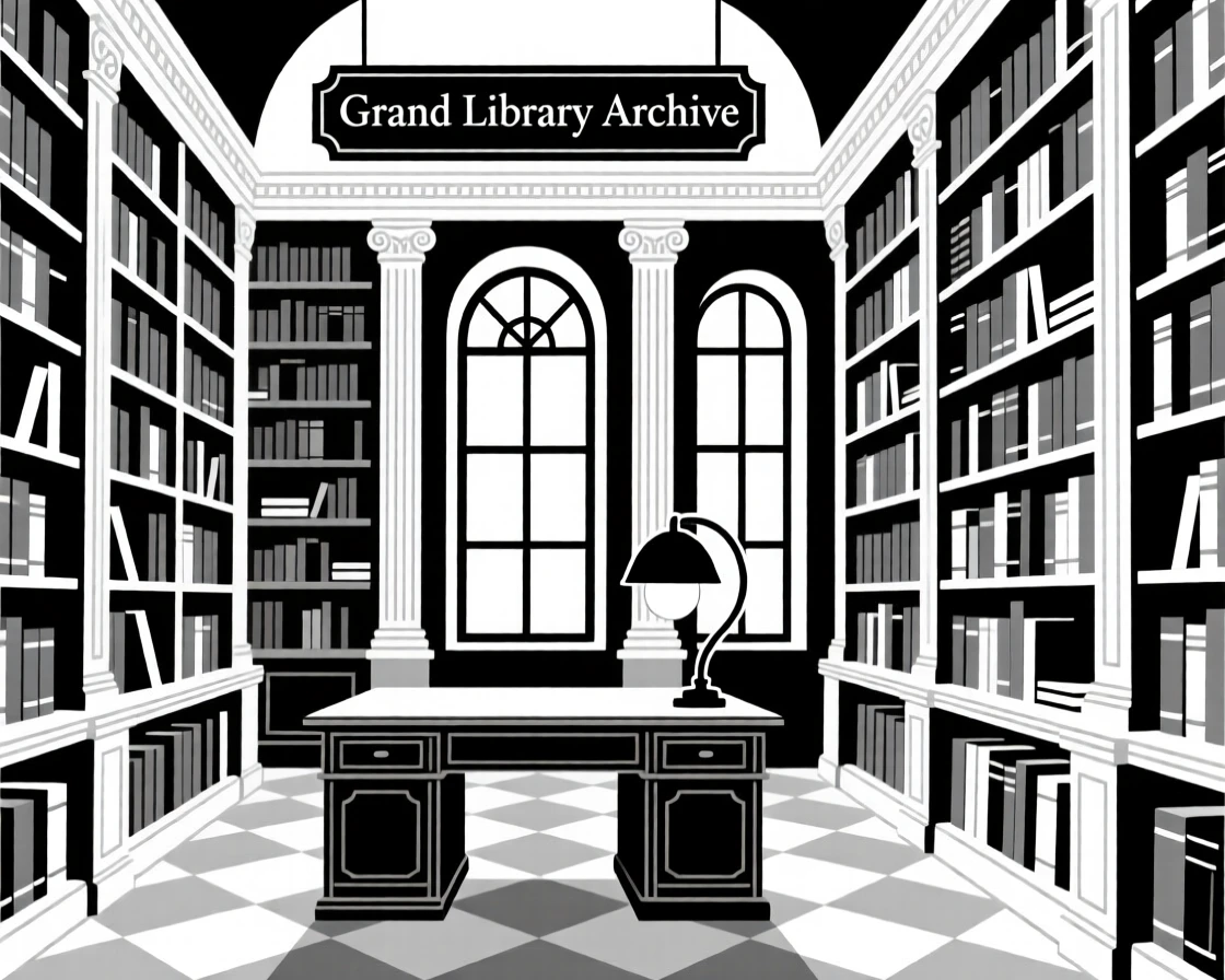 A grand old library filled with towering bookshelves.