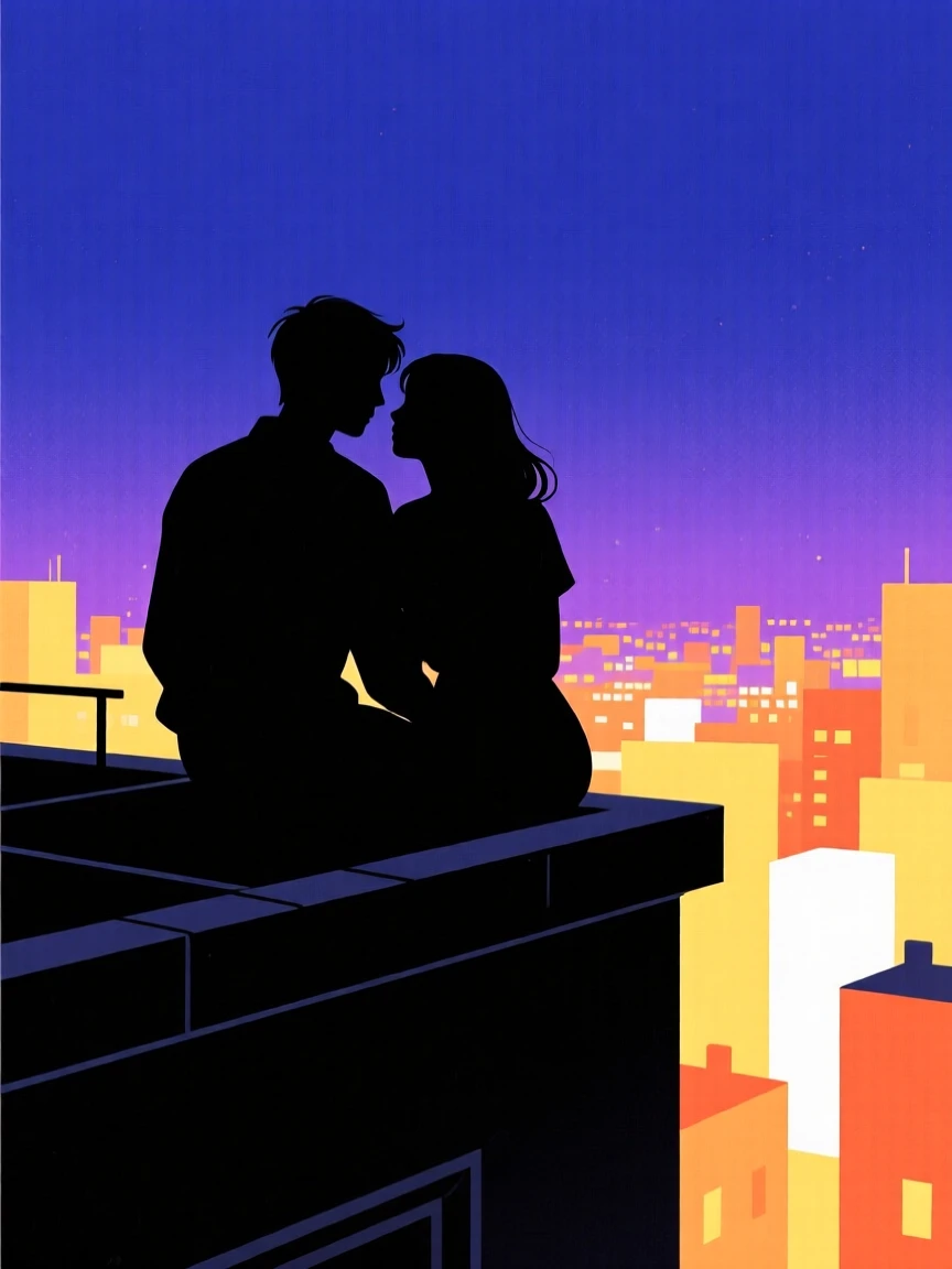 A couple sitting on a rooftop at night, shoulders touching, city lights spread below them.