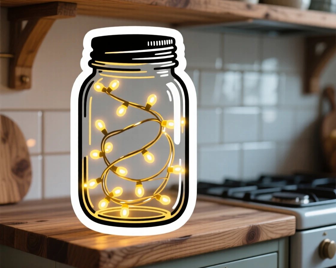 A sweetly detailed mason jar filled with fairy lights, displayed on a rustic wooden shelf, in a cozy cottage kitchen.
