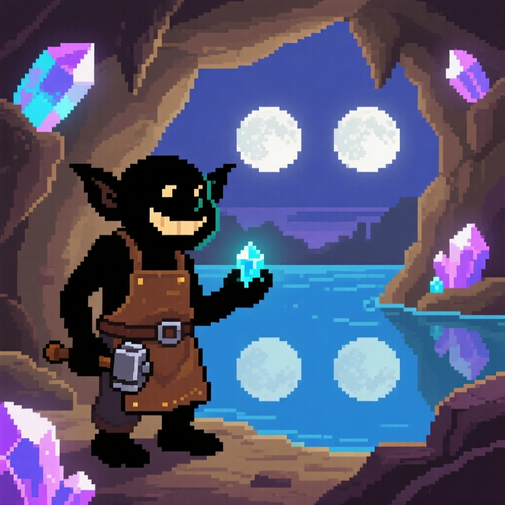 A cheerful goblin blacksmith exploring a cave lit with glowing crystals, beside a lake reflecting two moons.