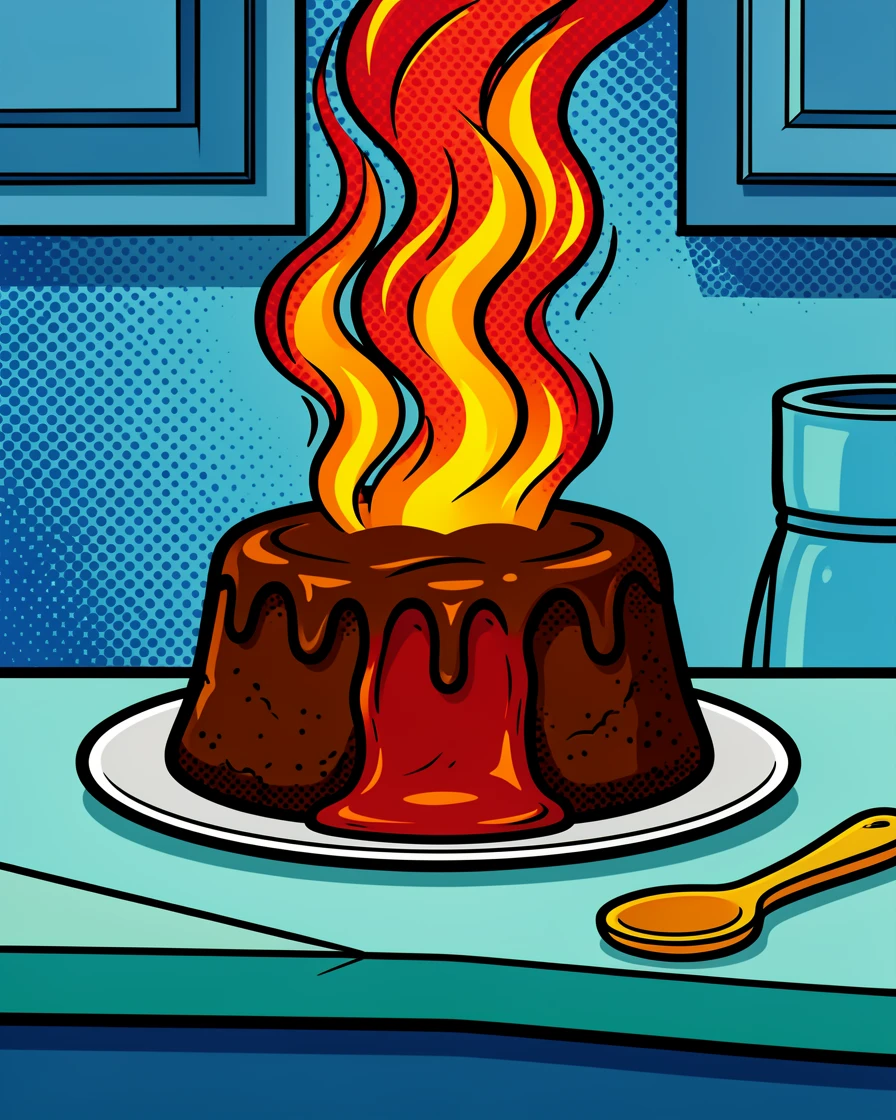 A plate of decadent chocolate lava cake steaming warmly on a cozy kitchen counter