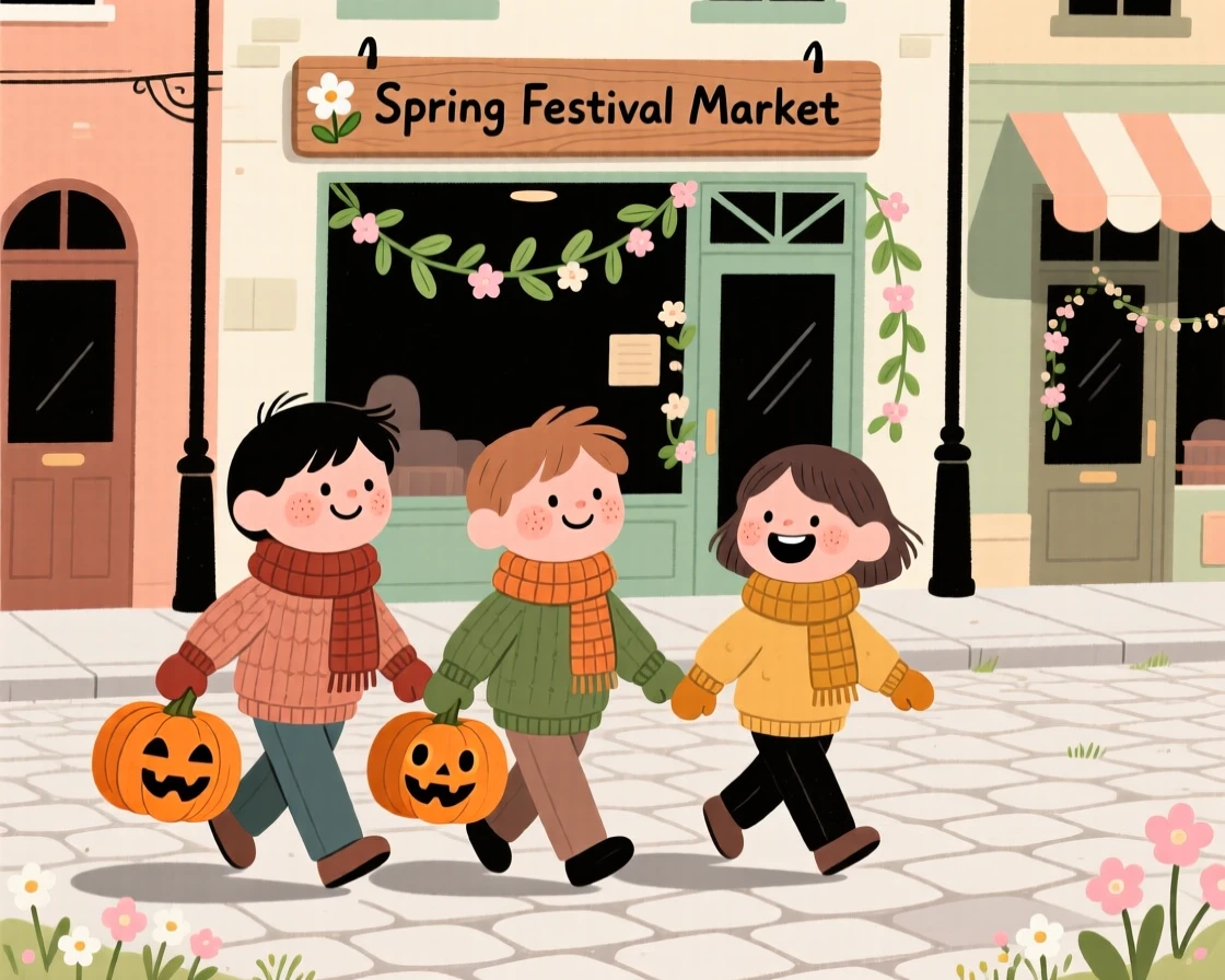 Children in knitted scarves and mittens carry carved pumpkins through a small town square decorated for a spring festival, giggling at every doorway.