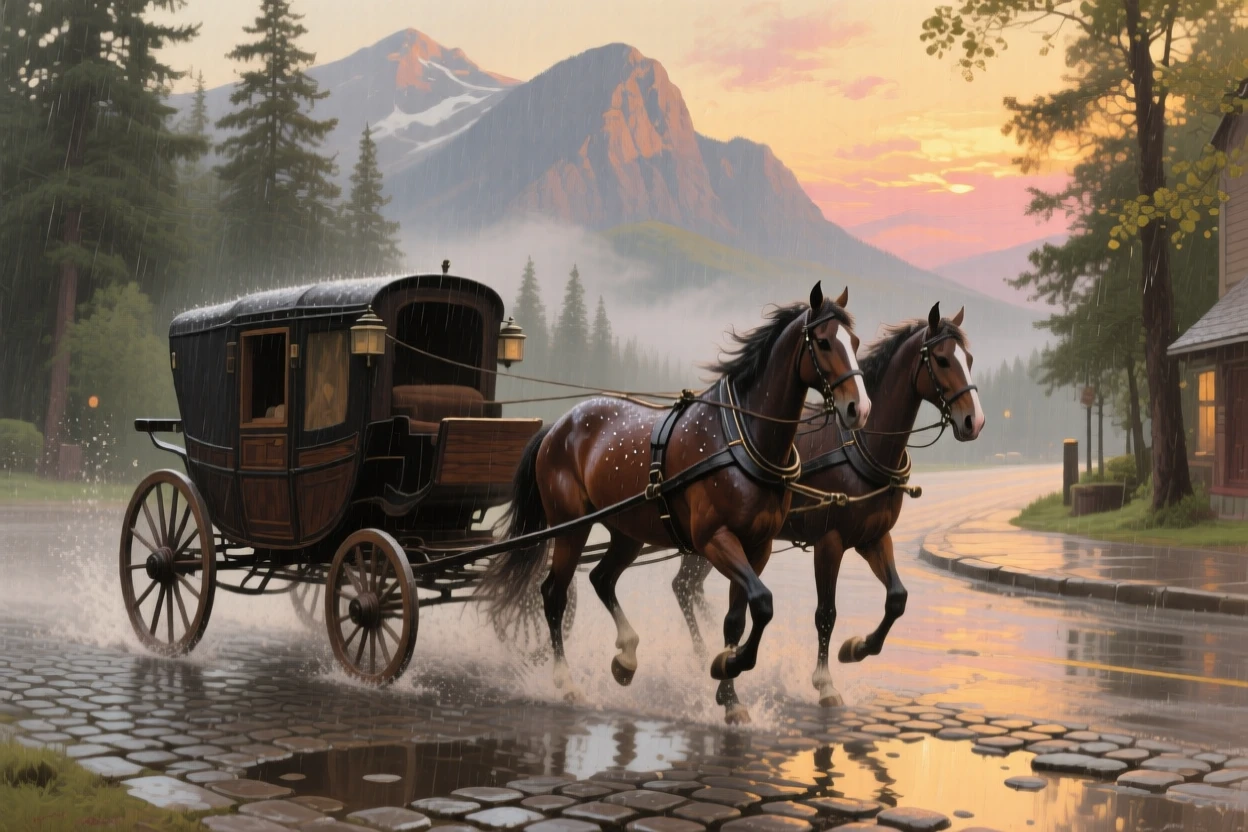A well-framed scene of a horse-drawn carriage rattling along a cobblestone street in the rain, in the Canadian Rockies, at golden hour, in a soft summer breeze.