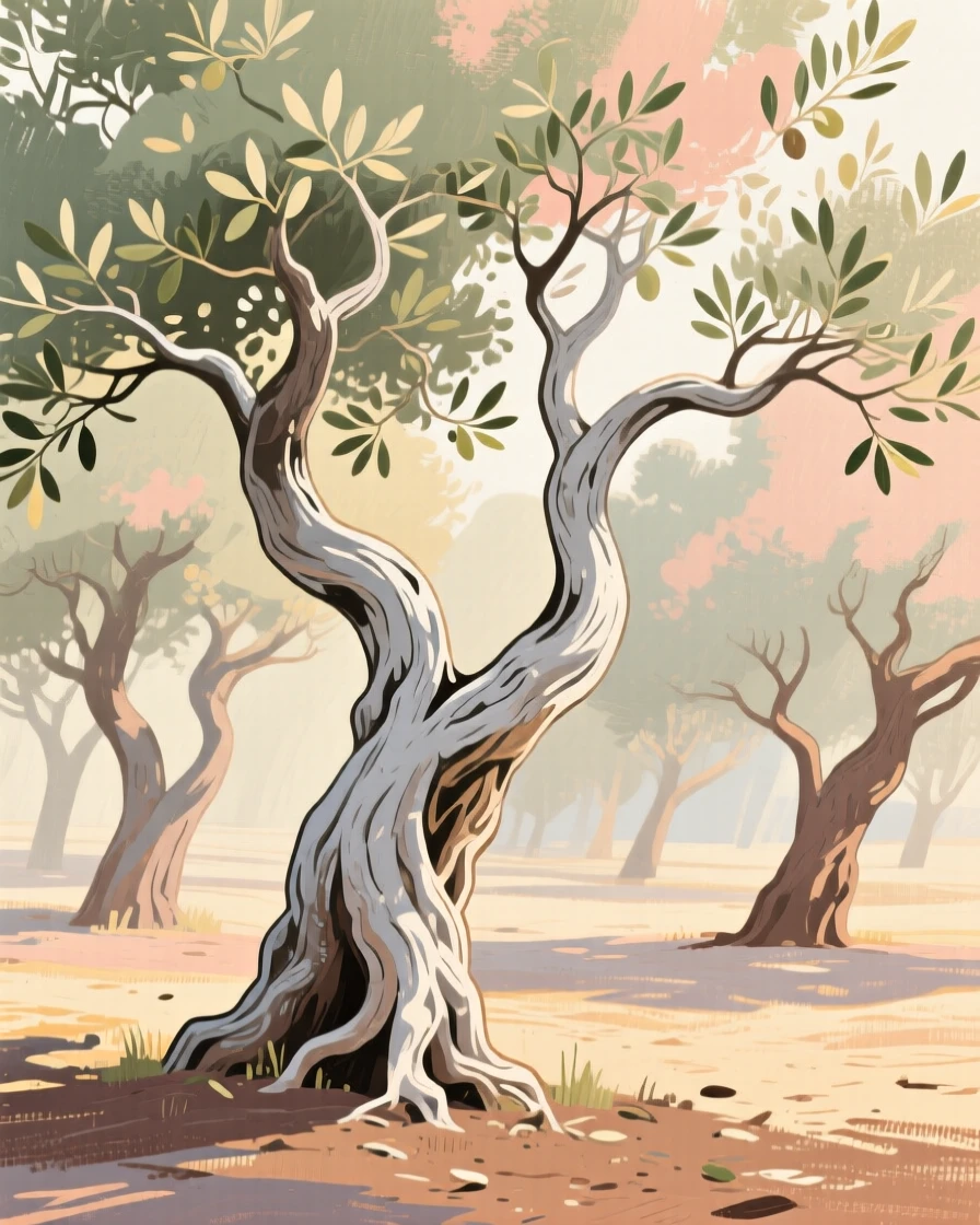 A grove of ancient olive trees with gnarled silver trunks