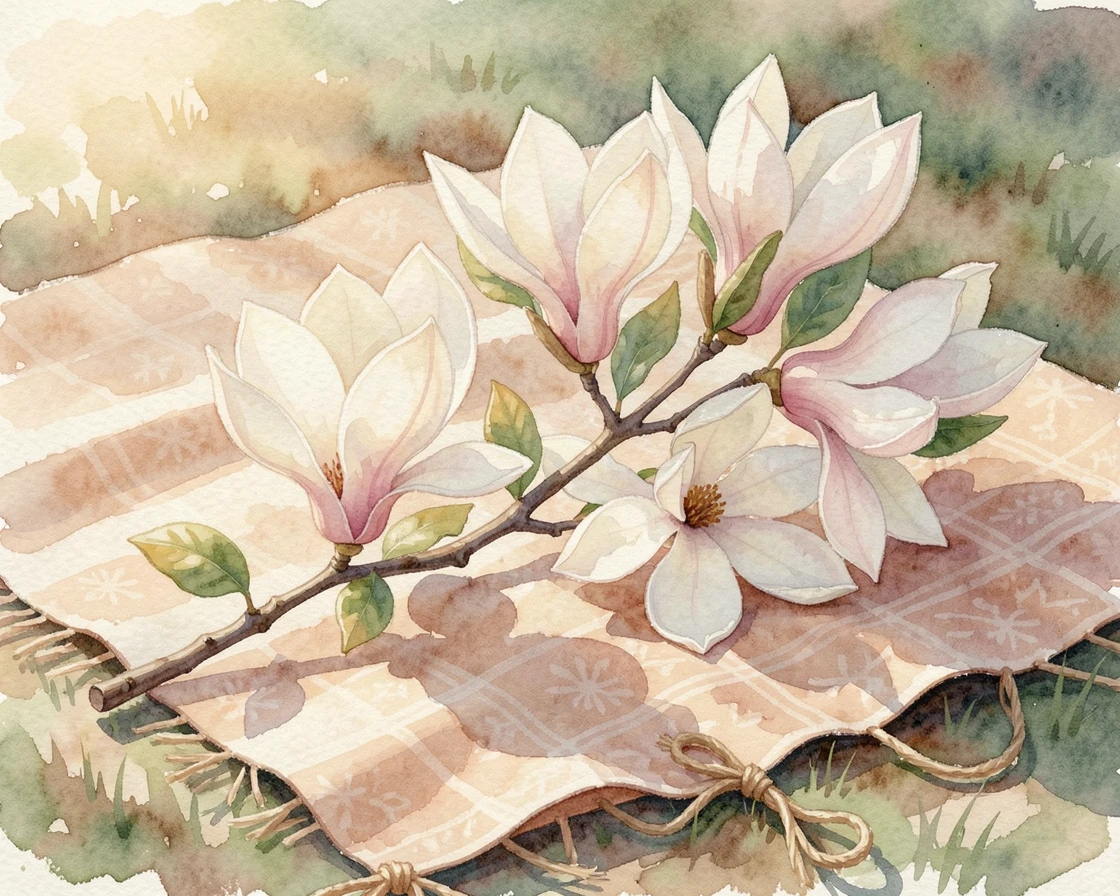 A branch of magnolia blossoms on a picnic blanket tied with a length of twine.