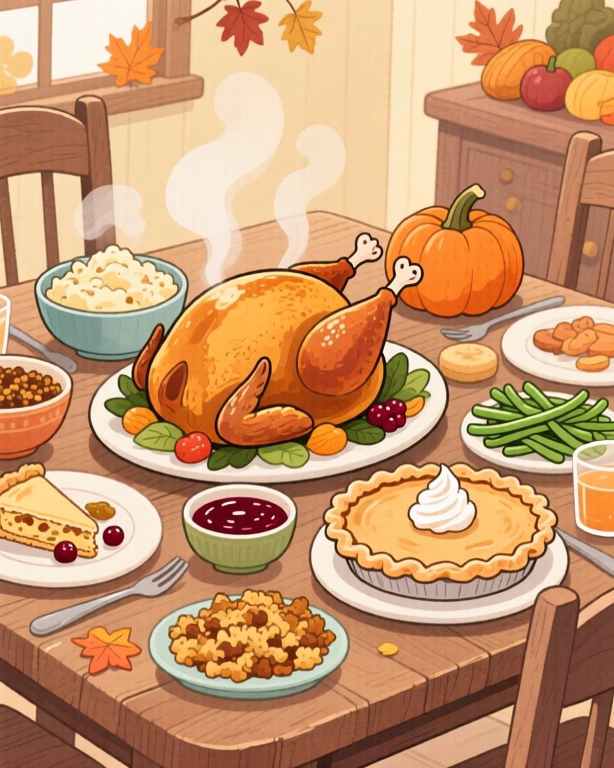 A rustic table spread with a Thanksgiving feast of roasted turkey and pumpkin pie, filled with the simple pleasure of good food and good company.
