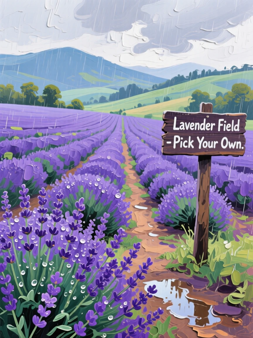 a lavender farm stretching toward distant hills, after a light spring rain, with layered visual detail from foreground to horizon.