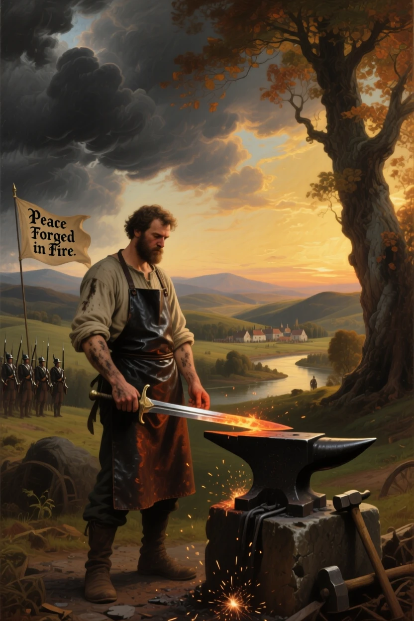 A blacksmith gathers before a hard-won peace as history is written.