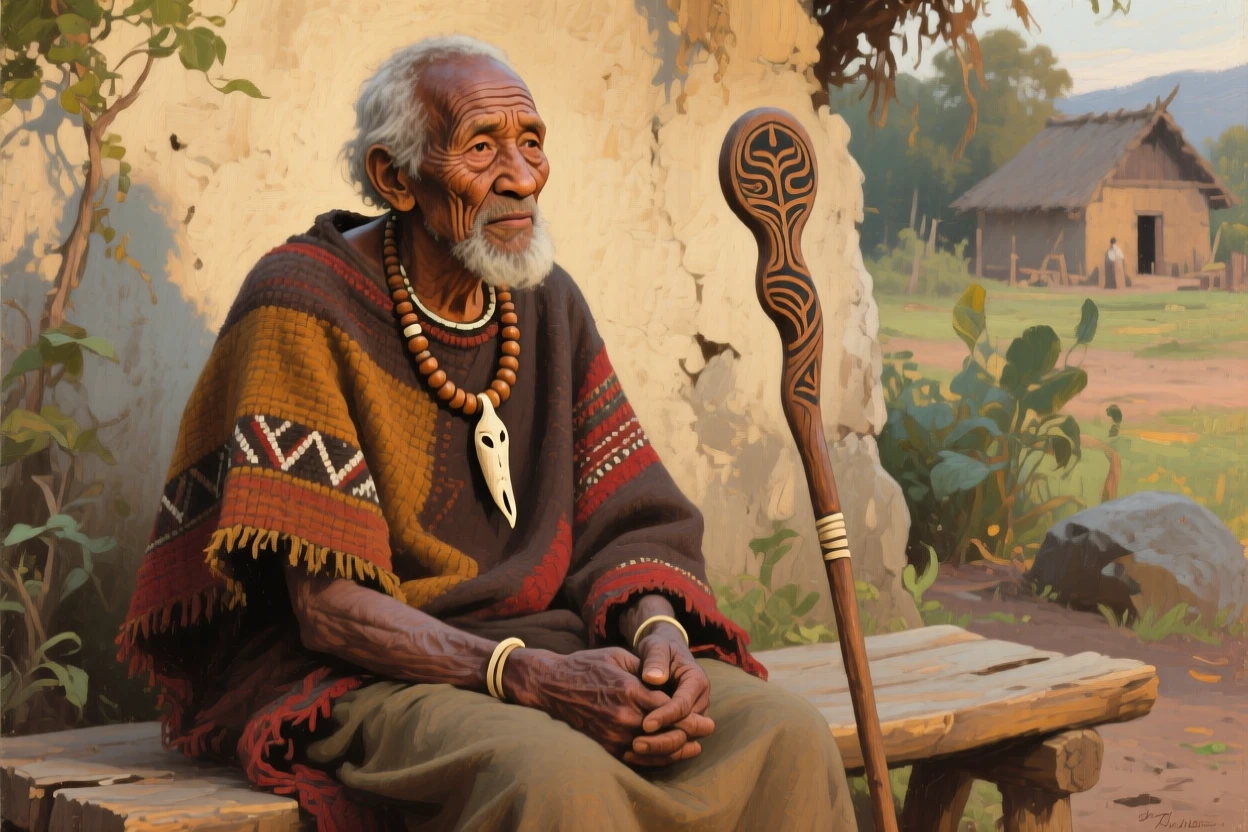 A tribal elder in traditional dress with a face full of stories and wisdom, their clothing and posture reflecting their personality and background, evoking warmth, empathy, and genuine connection