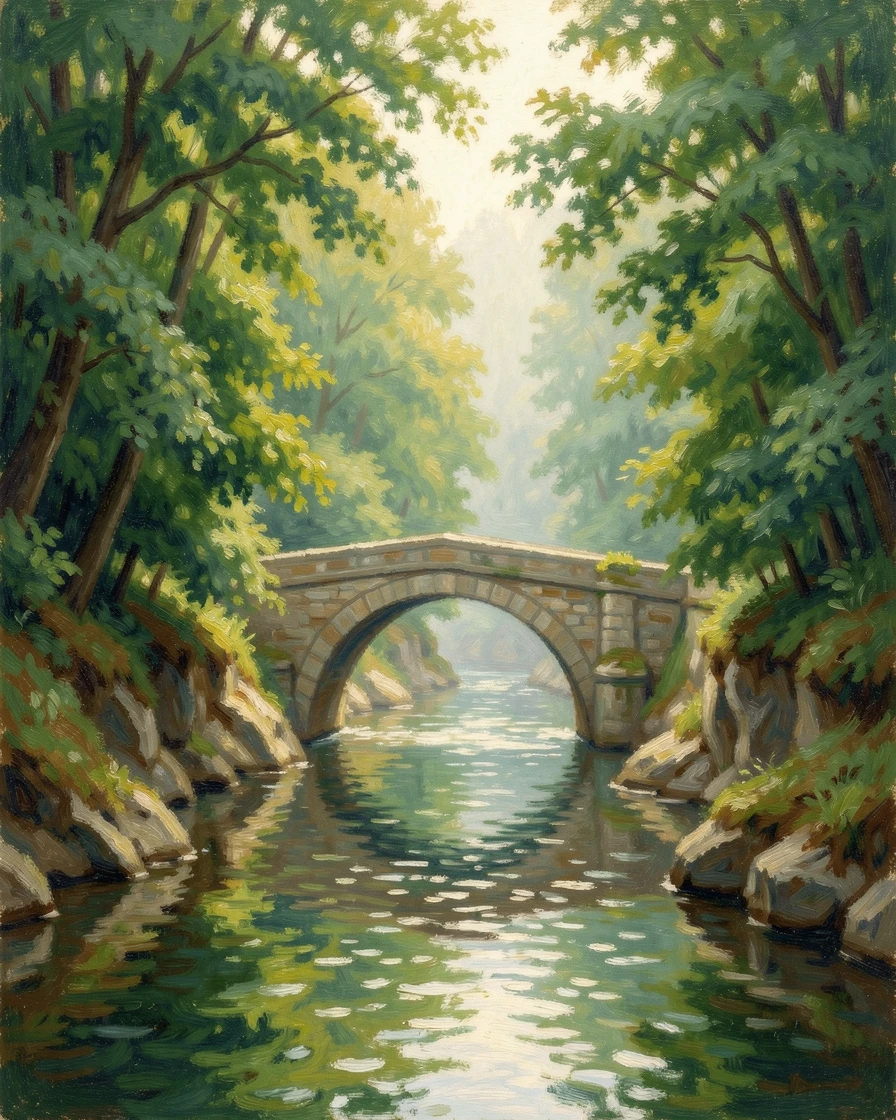 A narrow river gorge where a single arched stone bridge spans the water beneath dense green forest.
