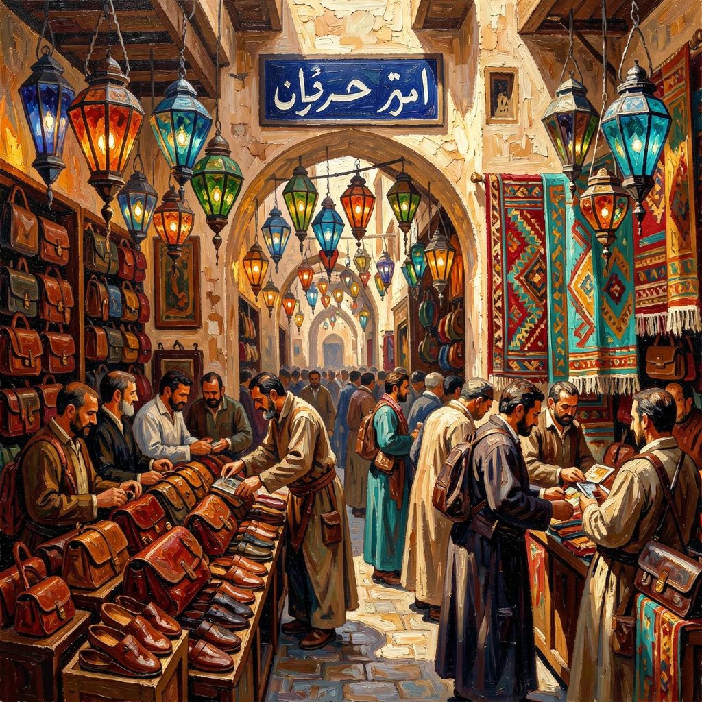 A busy souk in Fez filled with dyed leather, woven rugs, and hanging lanterns.
