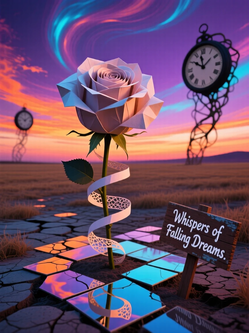 A single rose blooming petals made of soft folded paper stands alone in the center of an otherwise empty field, as petals fall slowly, spinning like tiny dancers.