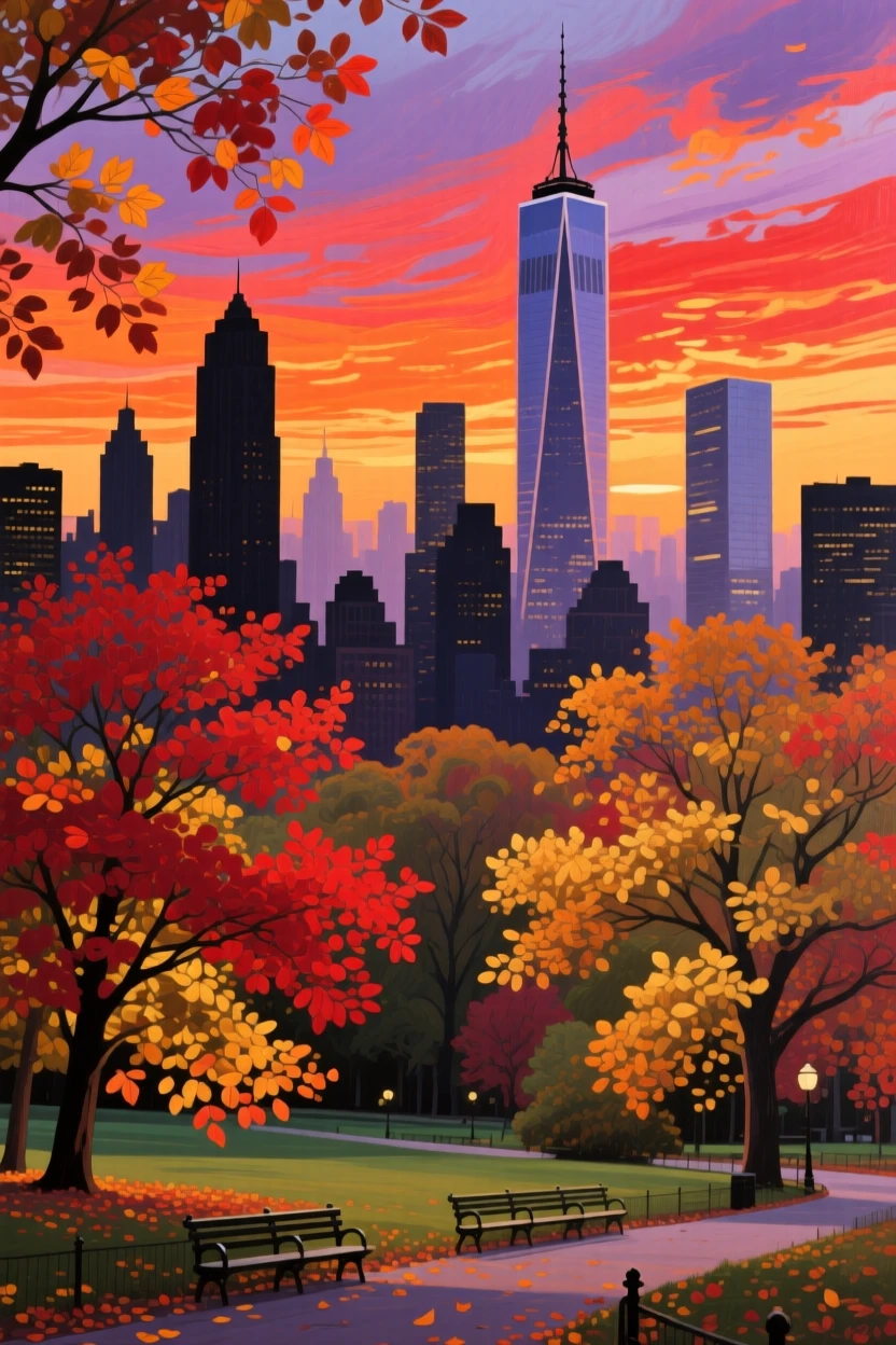 A vivid autumn sunset glows over New York's Central Park, skyscraper silhouettes rising behind trees ablaze with red and gold foliage, a faint haze softening the far horizon while nearer details remain crisp and vivid.