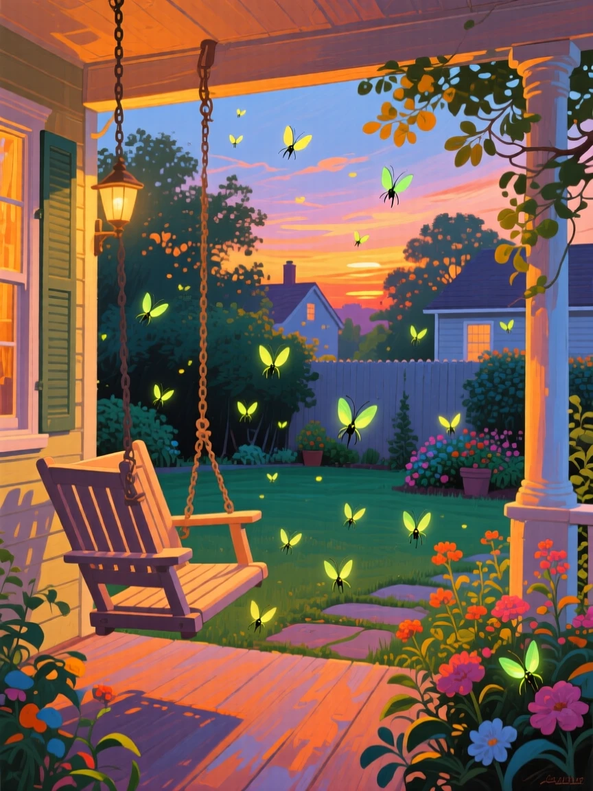 A warm summer evening on a porch swing, fireflies rising over a quiet backyard garden