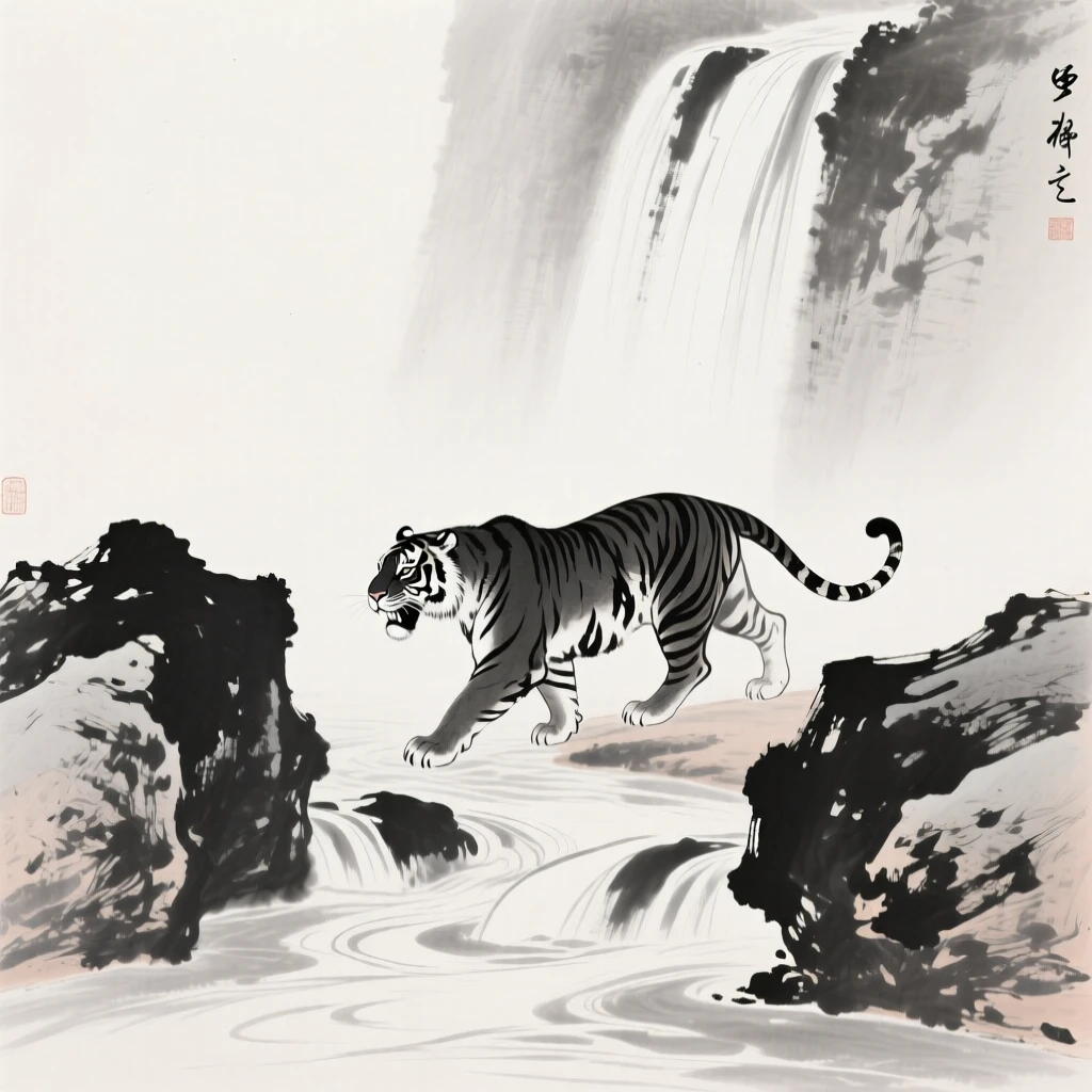 A tiger crosses a shallow stream between two boulders, while a waterfall roars faintly in the background.