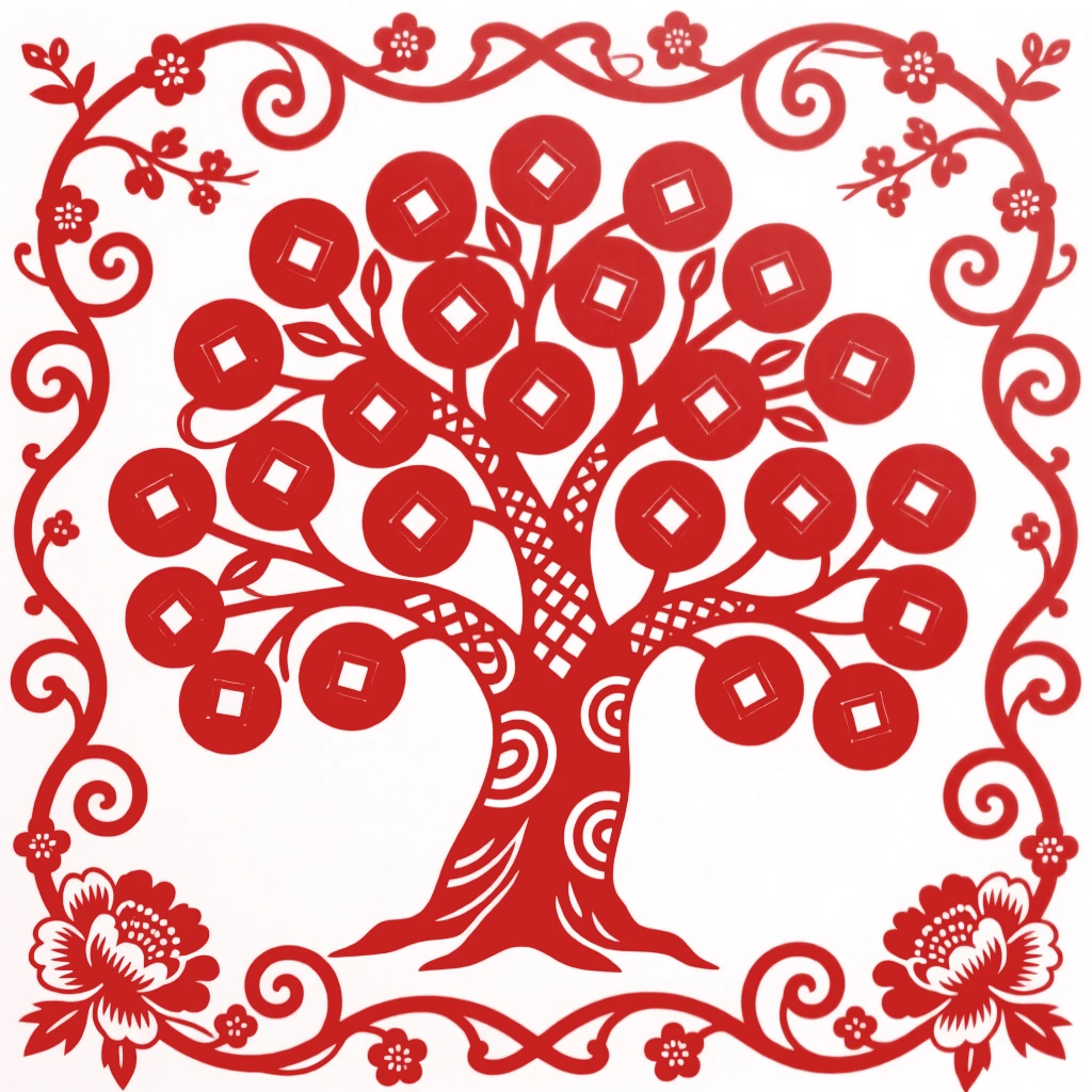 A blossoming money tree, set against a field of scrolling vines, celebrating longevity and family blessings.