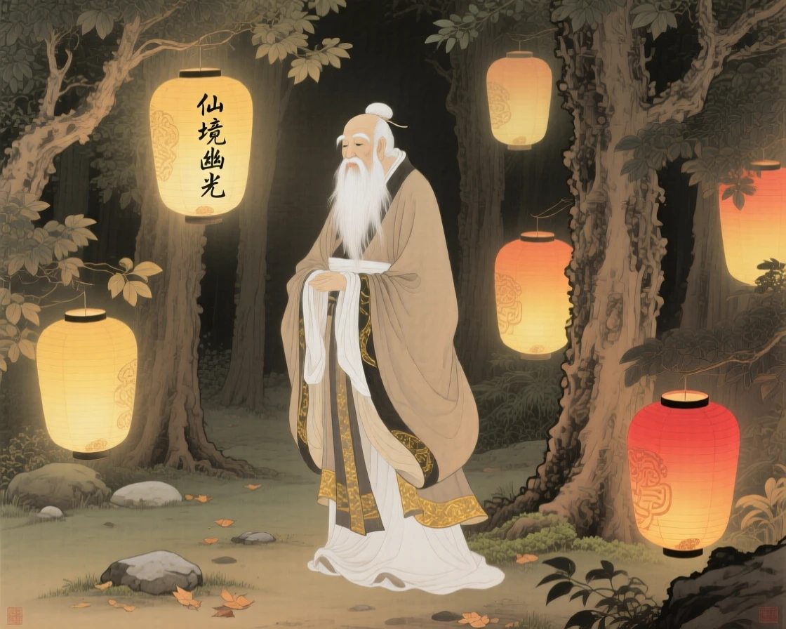 An immortal sage with a long white beard and flowing robes through a forest of glowing lanterns