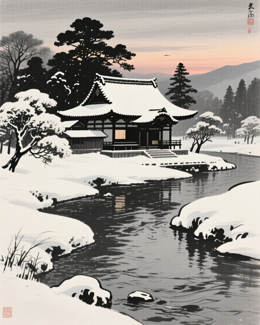 A quiet snowbound temple during the depths of winter beside a slow-moving river at dusk, framed to capture both intimate detail and the wider atmosphere, suggesting nostalgia and gentle celebration.