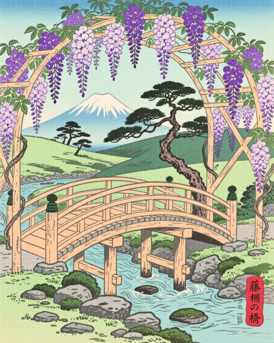 A wisteria-covered garden trellis, crossed by a simple wooden footbridge.
