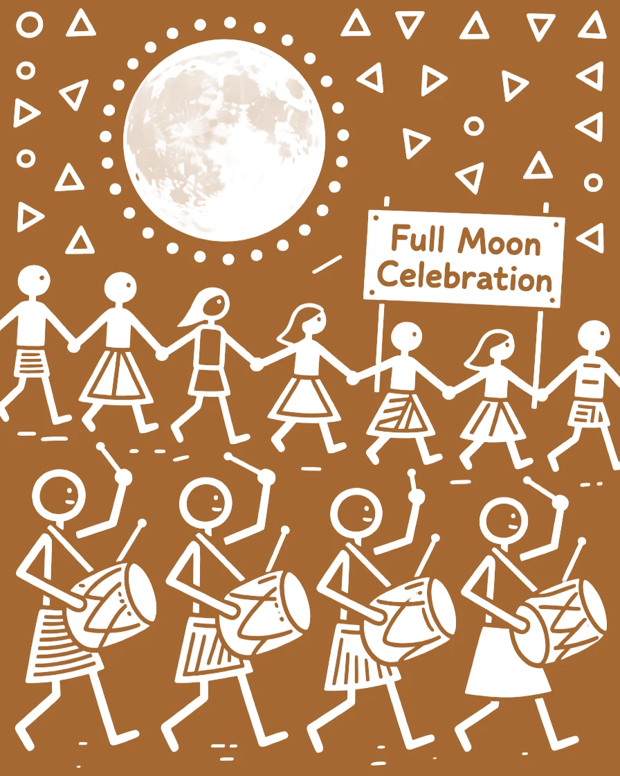 A full moon celebration celebrated with drummers leading a joyful procession.