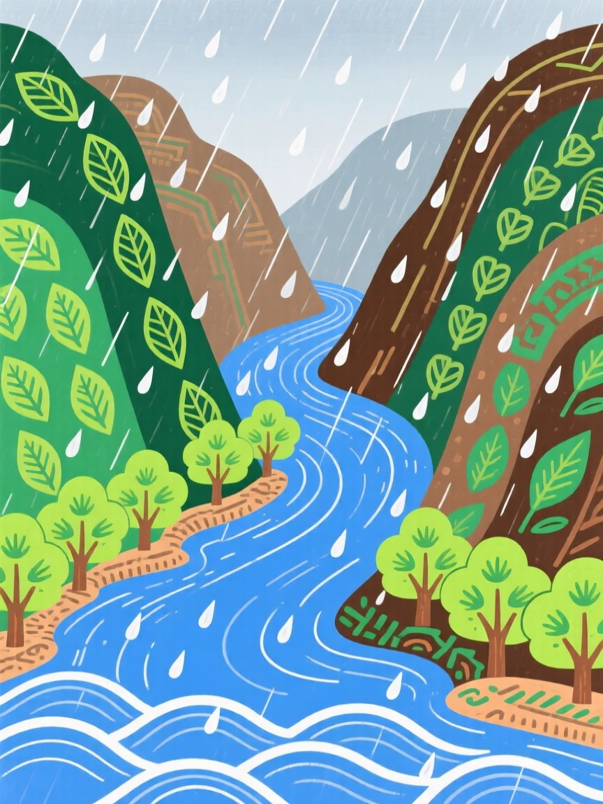 A winding river through a deep valley, during a light drizzle.