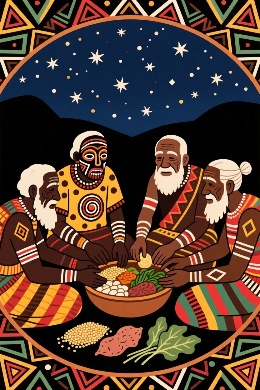 A circle of village elders sharing a meal beneath the stars.