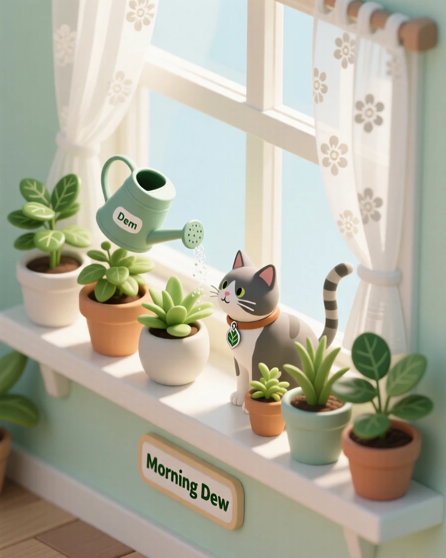 A quiet morning scene of watering houseplants, sunlight streaming through sheer curtains, and a cat weaving between pots on a sunny windowsill.