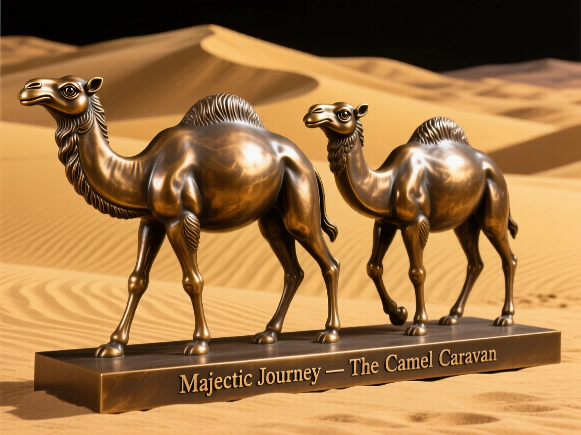 A majestic camel caravan crossing golden dunes, with striking, expressive eyes, evoking wonder and majesty