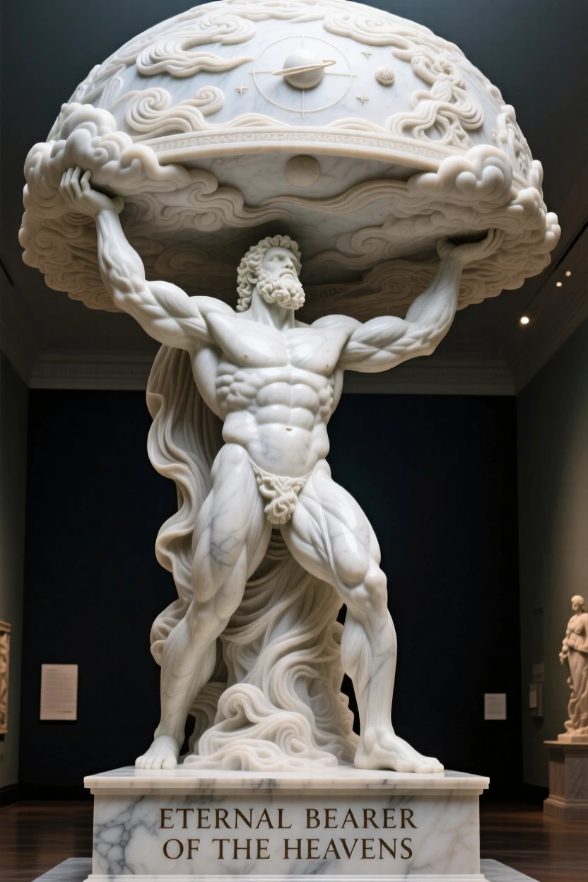 An epic scene of a titan holding up the weight of the sky, bathed in an otherworldly glow, evoking myth and grandeur