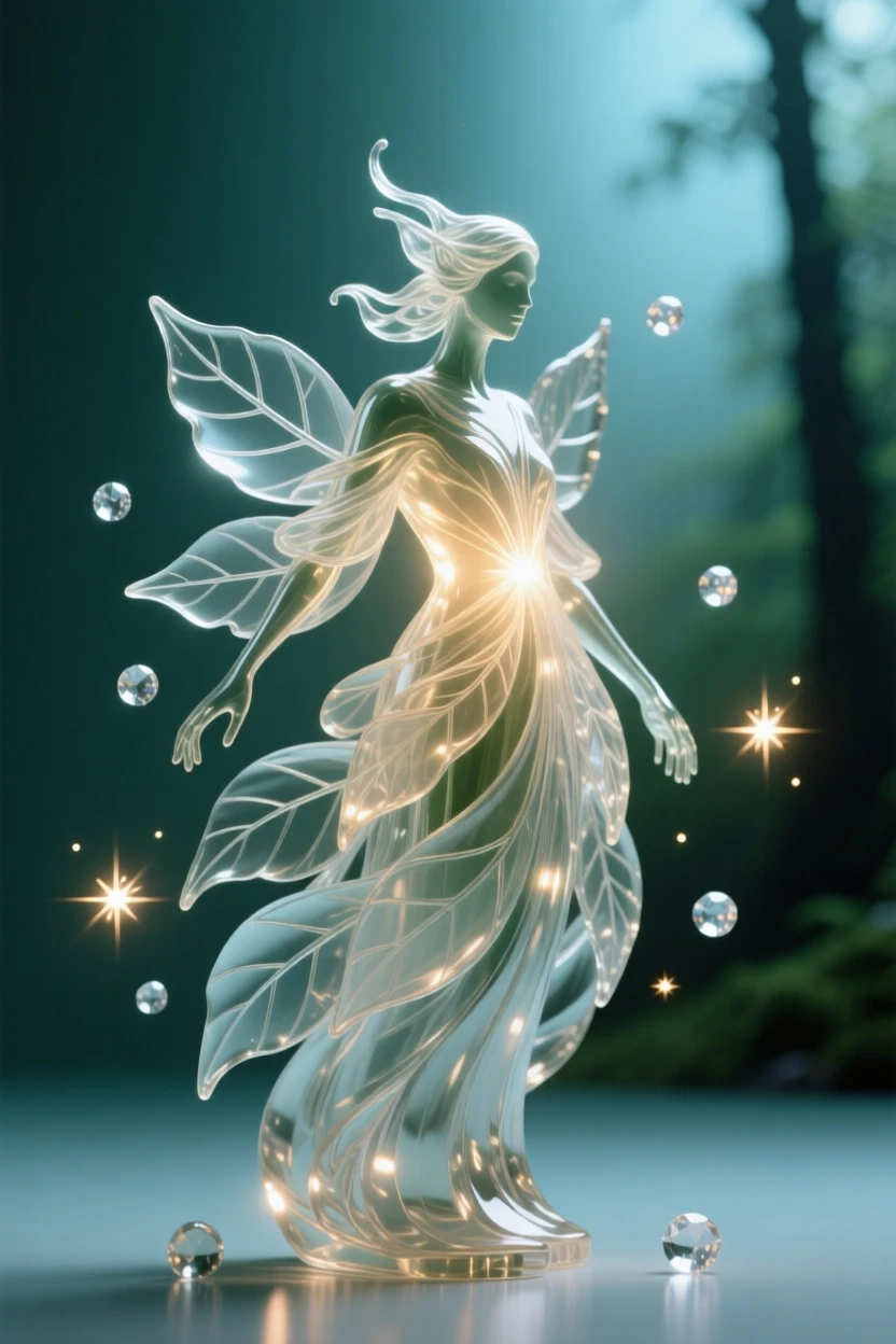 A woodland spirit made of leaves and light, bathed in soft magical light with drifting sparkles in the air, epic and awe-inspiring composition, evoking wonder and adventure.