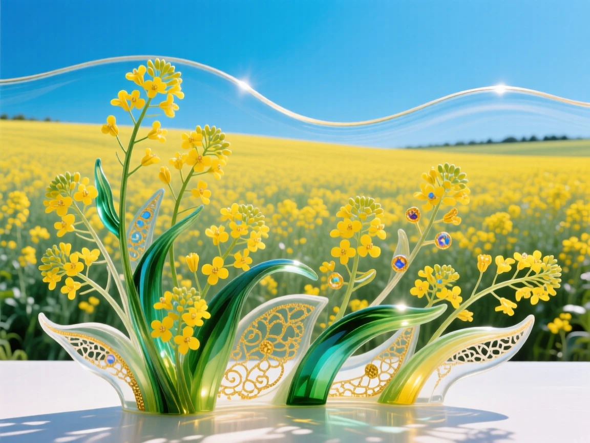 A vast field of blooming canola stretching to the horizon under blue sky, vivid and cheerful.