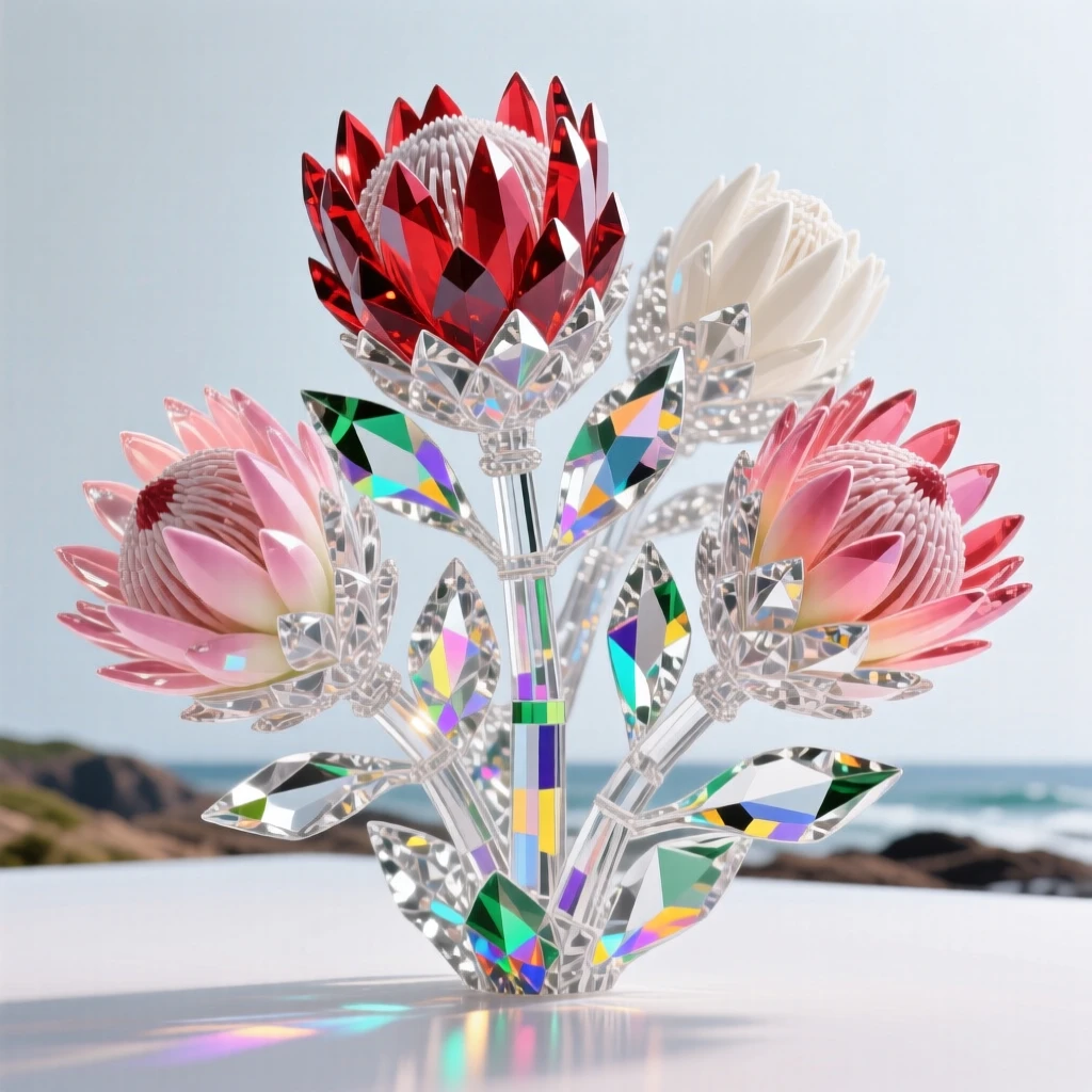 A cluster of proteas in bold shapes and colors native to a rugged coastal landscape.