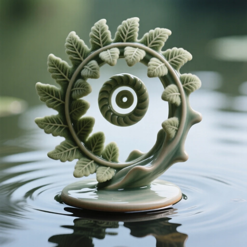 A spiraling fern unfurling a new frond resting delicately atop still water, with veins tracing intricate natural patterns, radiating freshness and natural elegance.