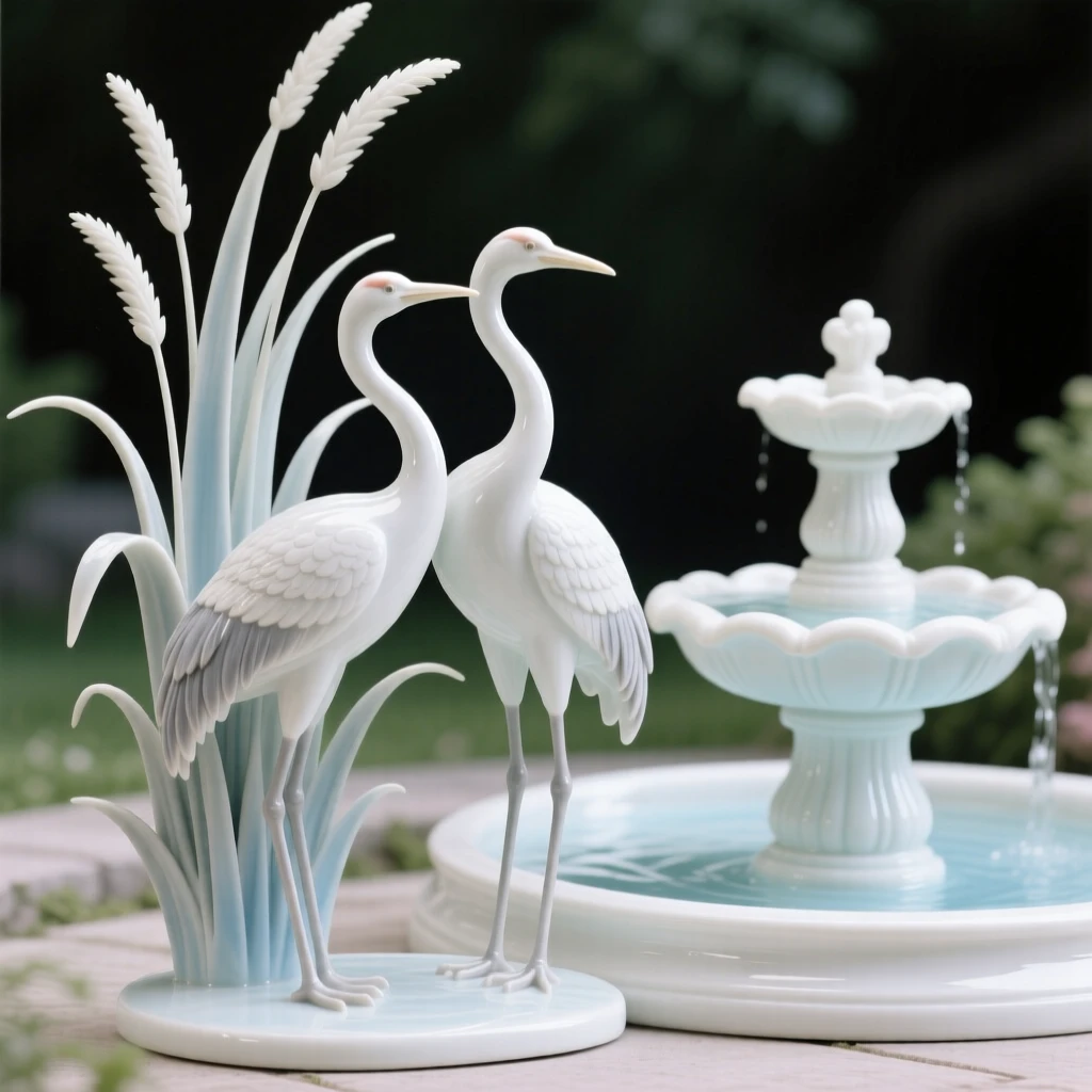 A pair of cranes resting side by side in tall grass beside a quiet garden fountain.