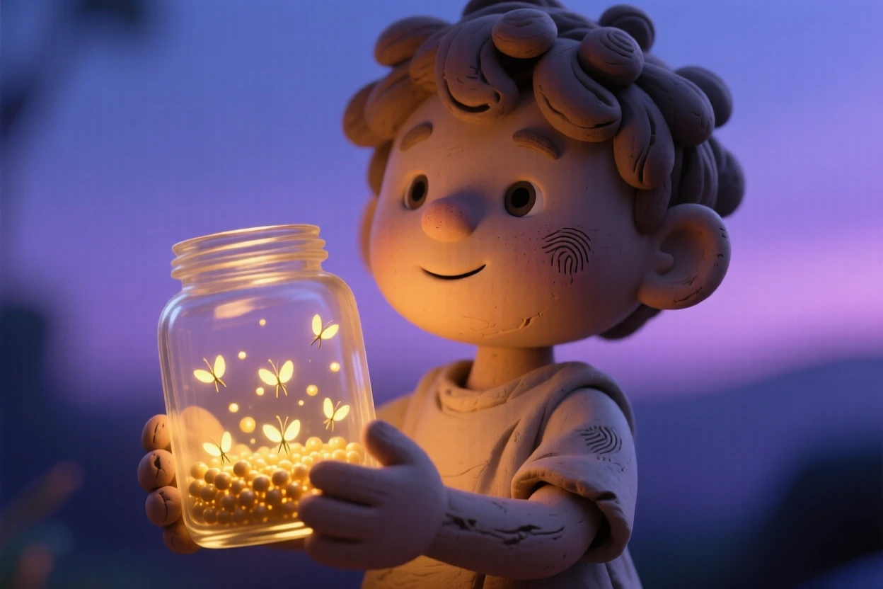 A child holding a jar full of fireflies at twilight