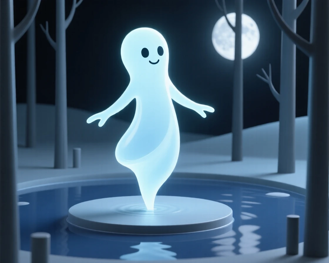 A gentle water spirit made of flowing liquid light rises gracefully from a moonlit forest pond.