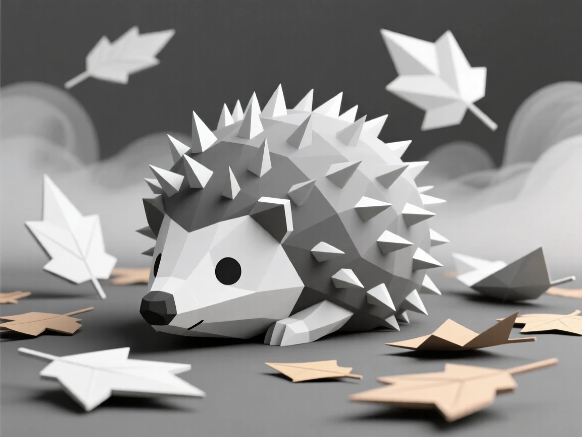 A hedgehog curled among fallen leaves, surrounded by drifting mist. the framing draws the eye directly to its gaze. The scene feels calm and majestic.