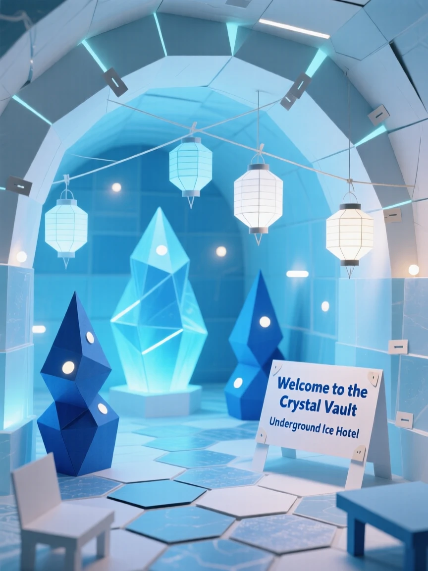 An underground ice hotel with glowing blue ice sculptures and soft ambient lighting, evoking surreal architectural artistry.
