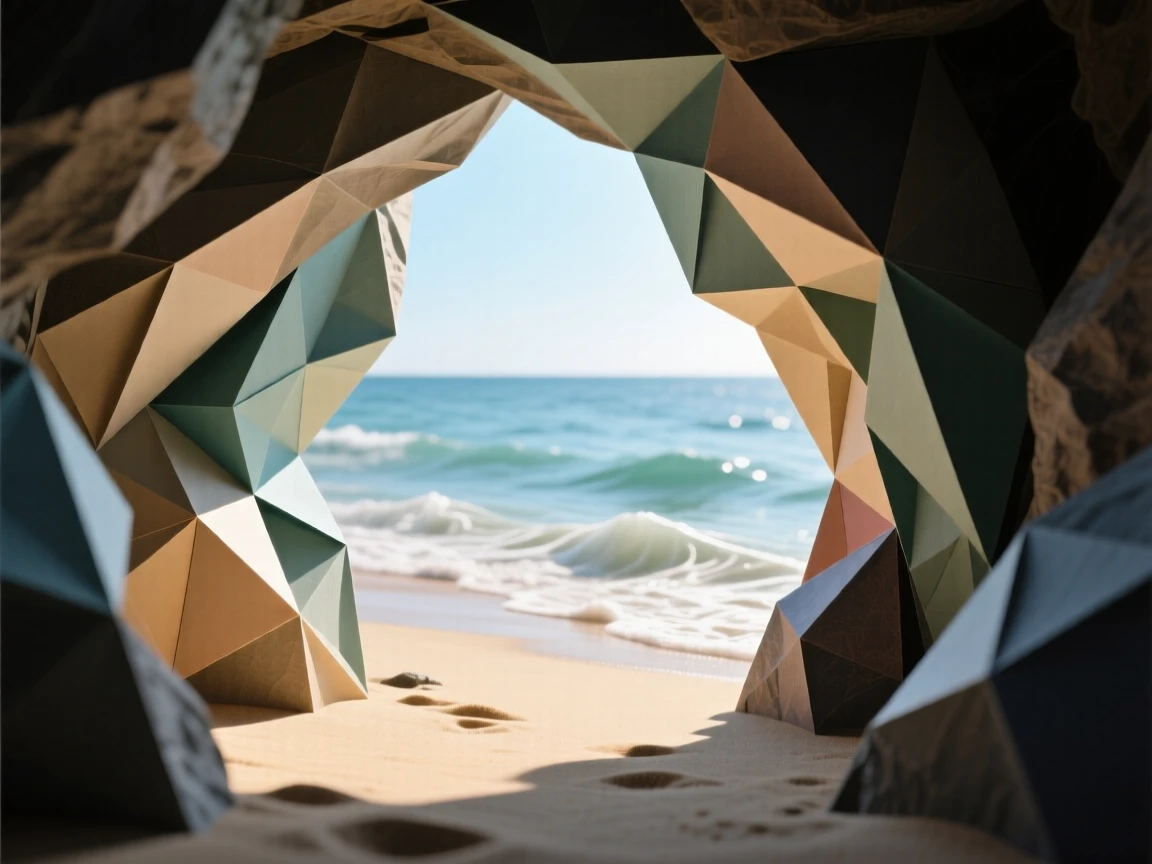A hidden beach accessible only through a narrow sea cave, waves gently lapping the shore.