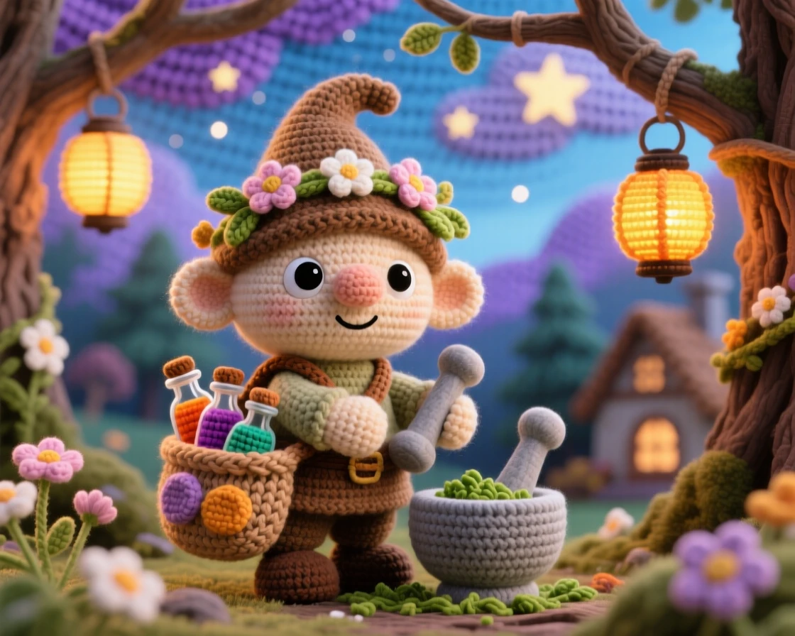 In a sunlit treetop village strung with lanterns, a tiny forest gnome herbalist with a satchel of tiny potion bottles is captured grinding herbs with a mortar and pestle, surrounded by a garland of woven wildflowers, filled with dreamy tranquility under a magical sky.