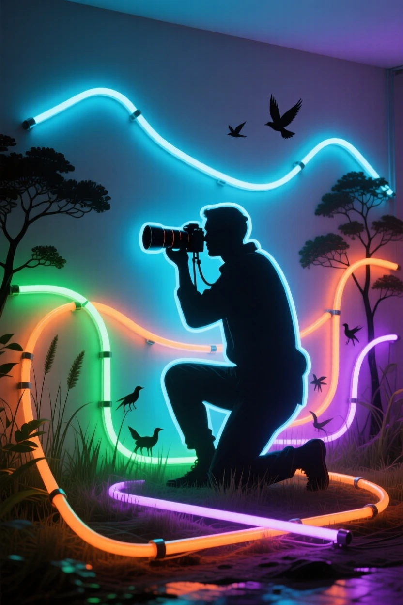 A wide shot of a wildlife photographer standing in the environment where they work.