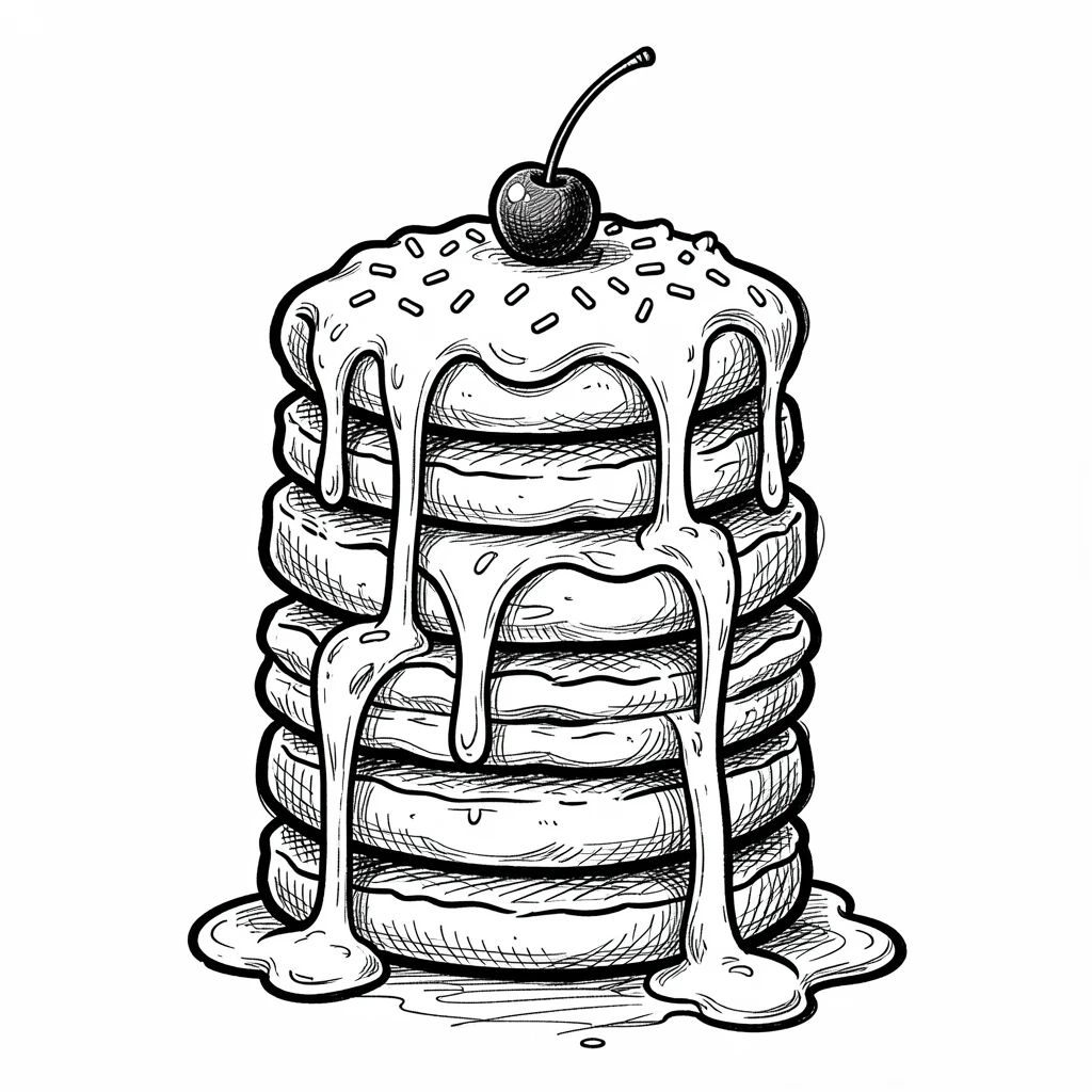A stack of fluffy pancakes with syrup topped with a cherry and sprinkles.