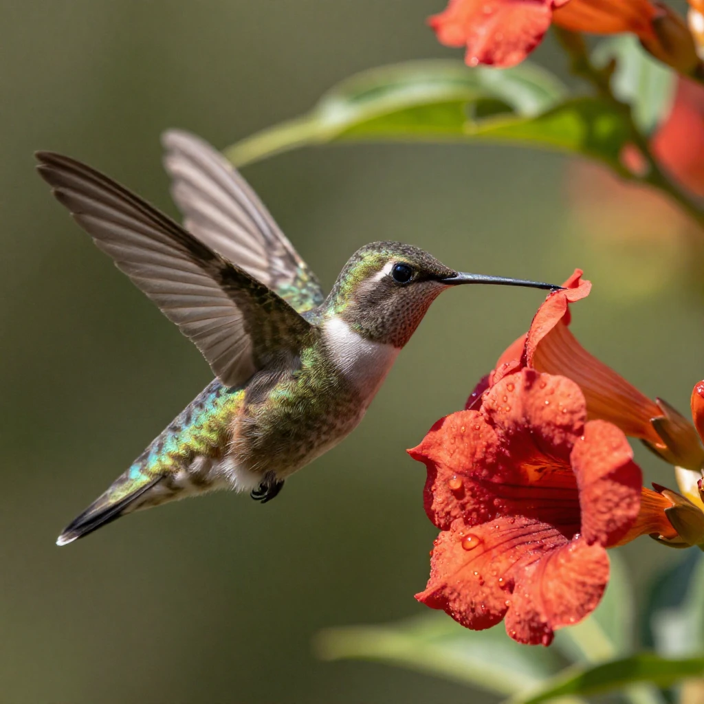 A hummingbird hovering beside a bright red flower