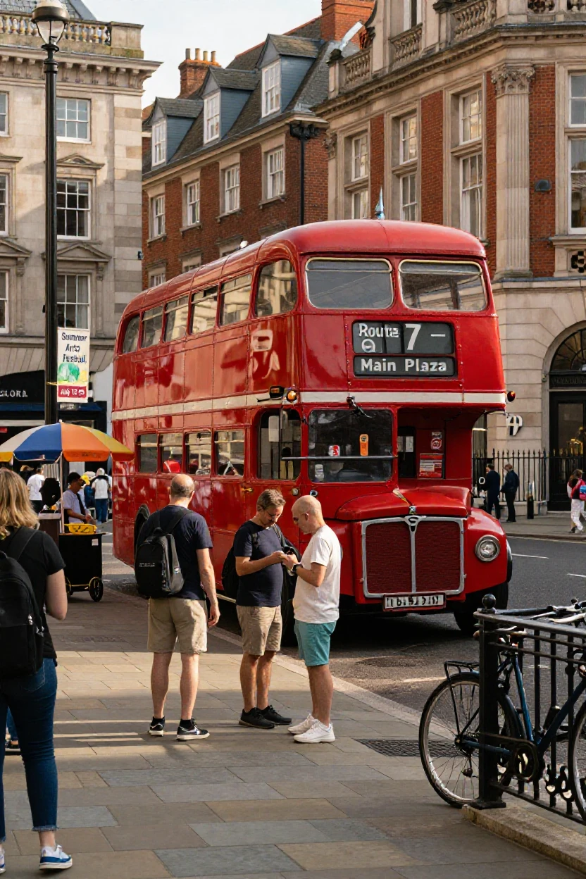 A vintage double-decker bus rounds a corner past a historic city square.
