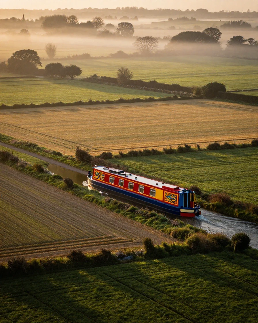 A colorful narrowboat drifting above a patchwork of fields as fog rolls across the landscape