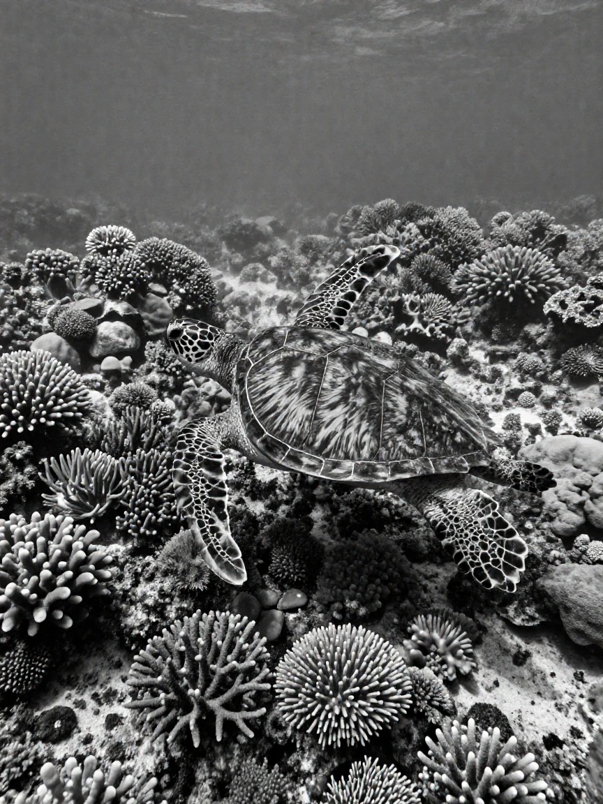A sea turtle glides gracefully over a coral reef beside a vibrant coral reef.