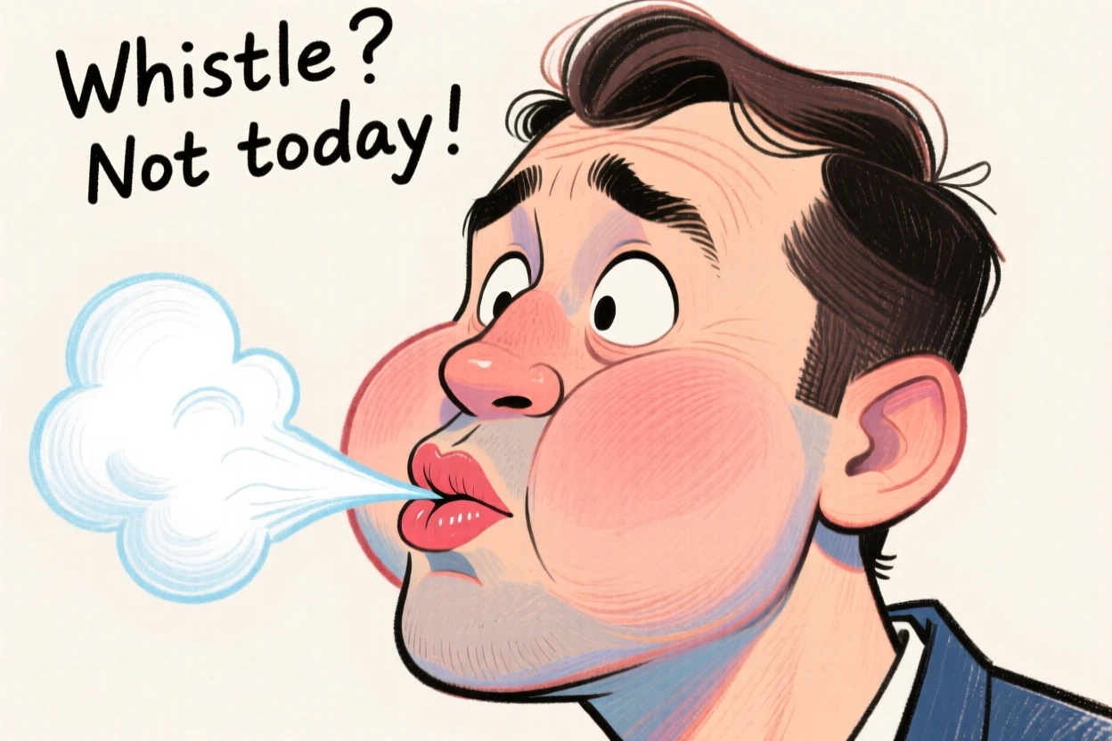A man attempting to whistle but only managing a comical puff of air.